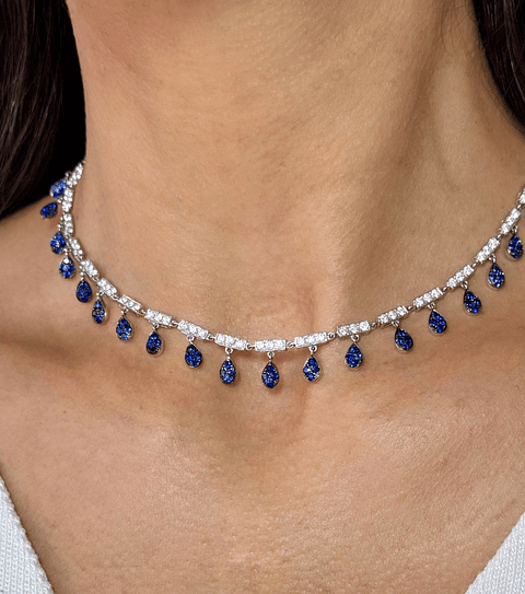 Collar de Diamantes Zafiros Azules Colgantes Oro Blanco 18K