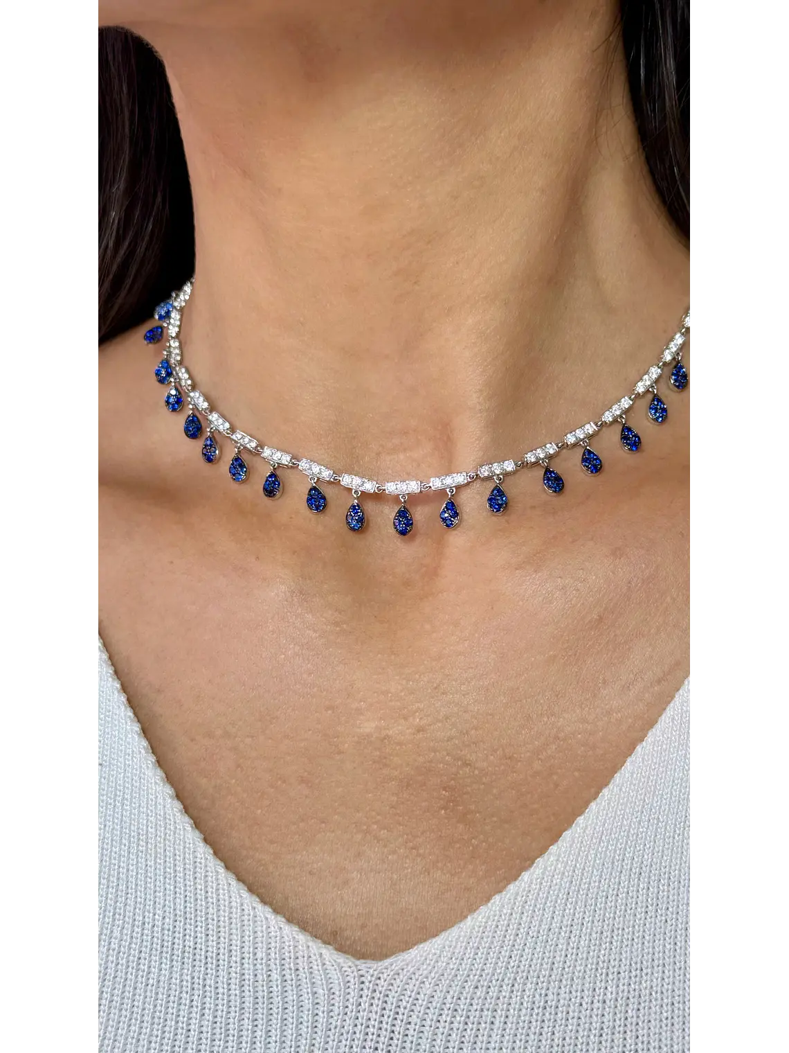 Collar de Diamantes Zafiros Azules Colgantes Oro Blanco 18K 4