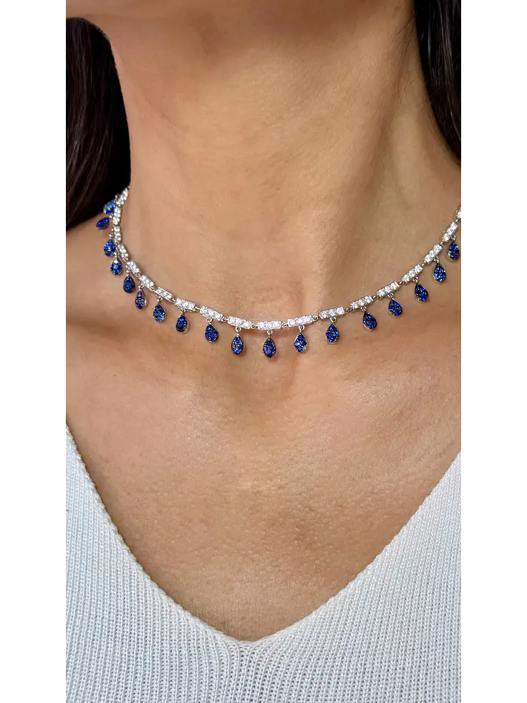 Collar de Diamantes Zafiros Azules Colgantes Oro Blanco 18K 4