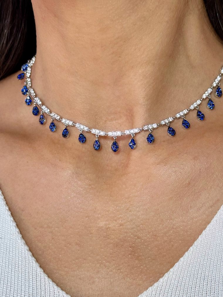 Collar de Diamantes Zafiros Azules Colgantes Oro Blanco 18K 4