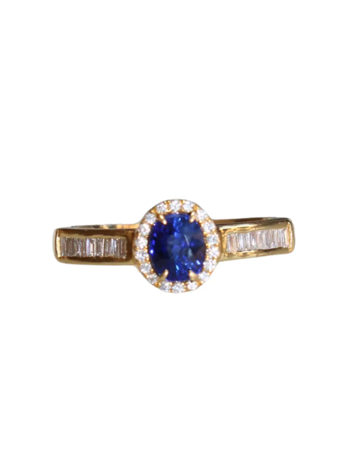 Elegante Anillo Zafiro Azul Oval Diamantes Baguette Oro Amarillo 18K 1