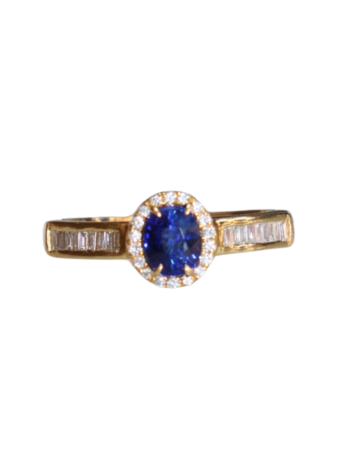 Elegante Anillo Zafiro Azul Oval Diamantes Baguette Oro Amarillo 18K 1