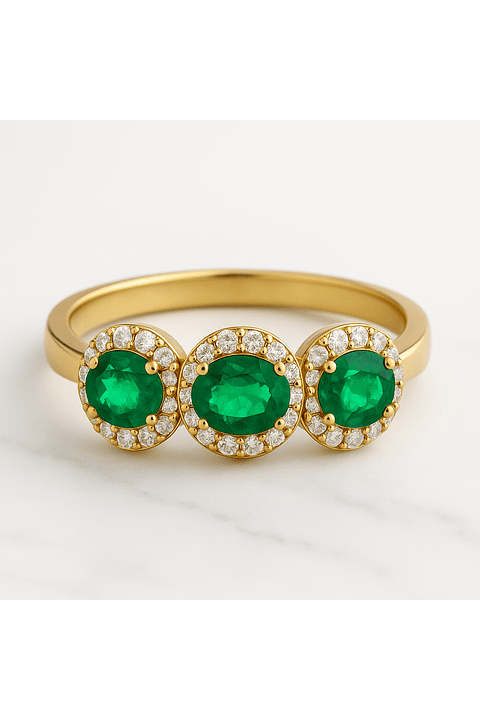 Anillo Tricillo Preciosas Esmeraldas y Diamantes en Oro Amarillo 18K