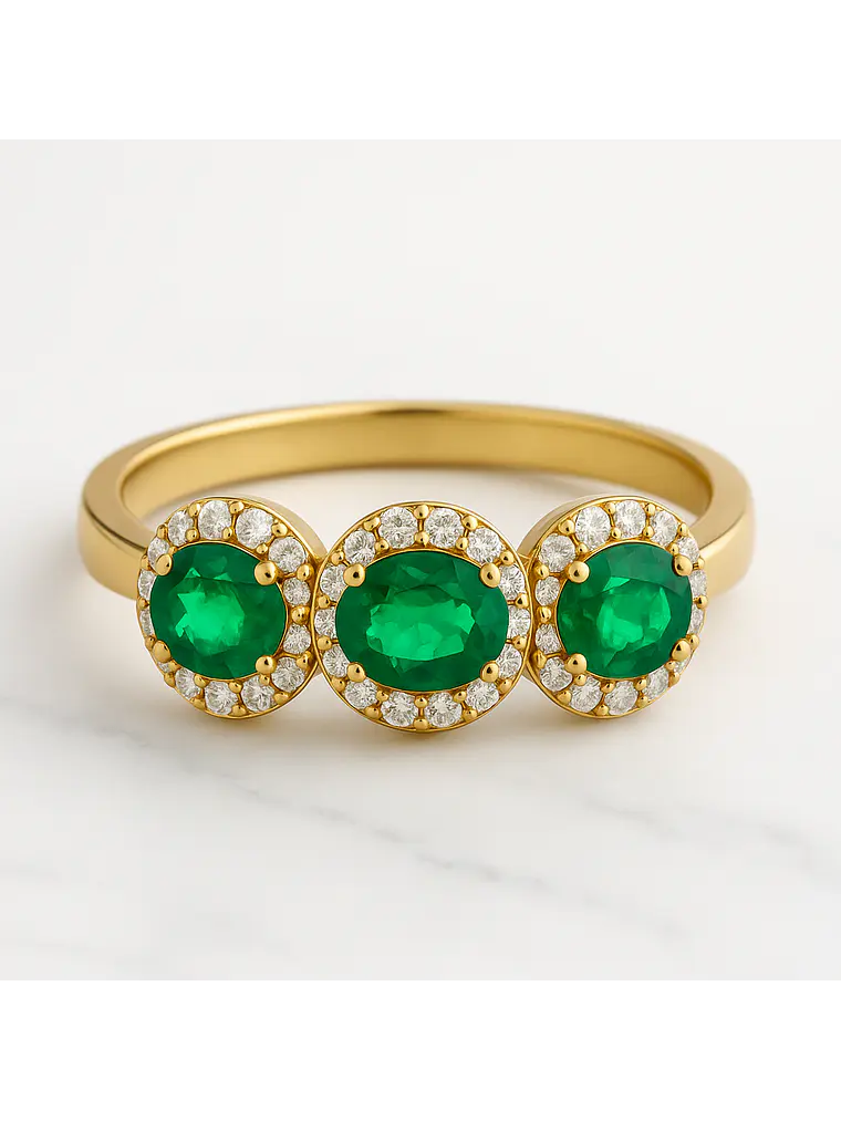 Anillo Tricillo Preciosas Esmeraldas y Diamantes en Oro Amarillo 18K 1