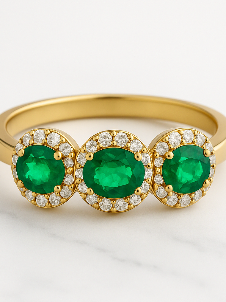 Anillo Tricillo Preciosas Esmeraldas y Diamantes en Oro Amarillo 18K 1