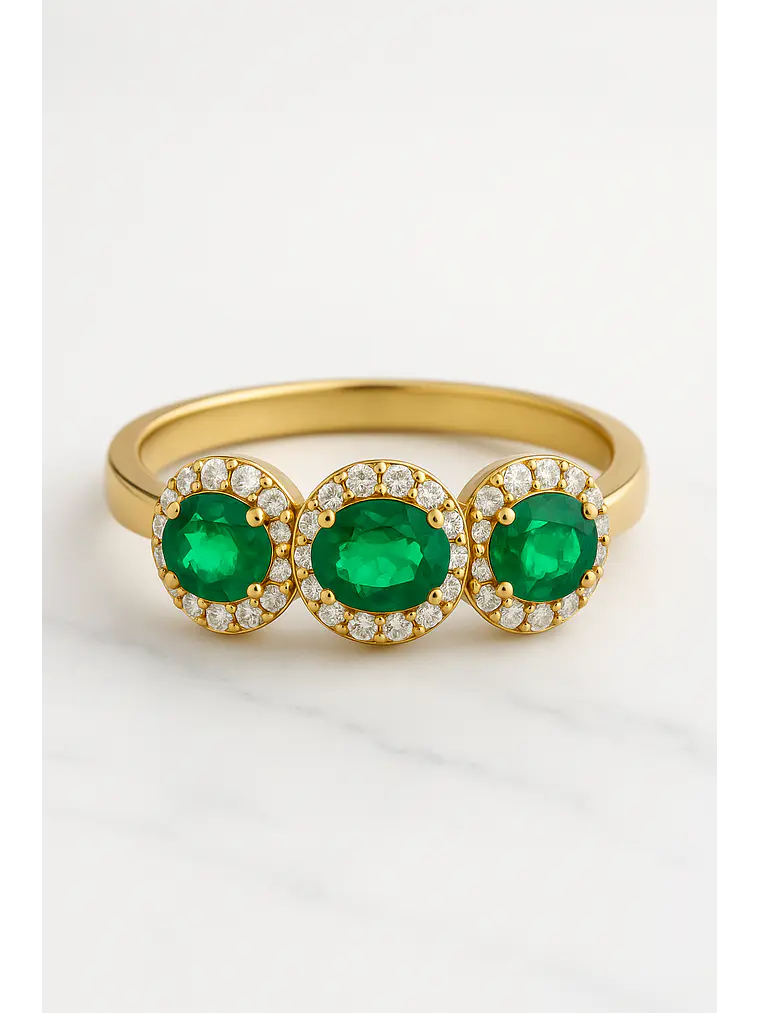 Anillo Tricillo Preciosas Esmeraldas y Diamantes en Oro Amarillo 18K 4