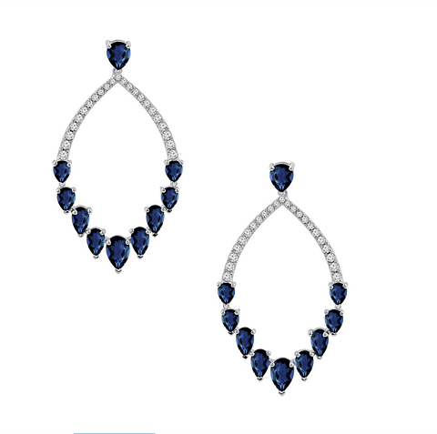 Aros Largos Grandes Zafiros Azules y Diamantes en Oro Blanco 18K