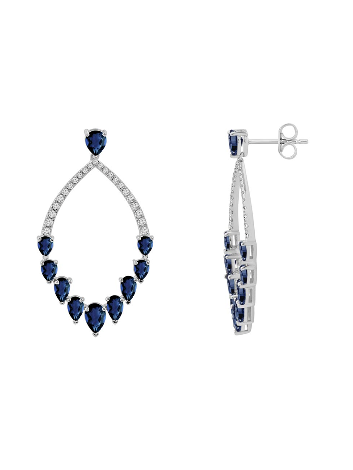 Aros Largos Grandes Zafiros Azules y Diamantes en Oro Blanco 18K 3