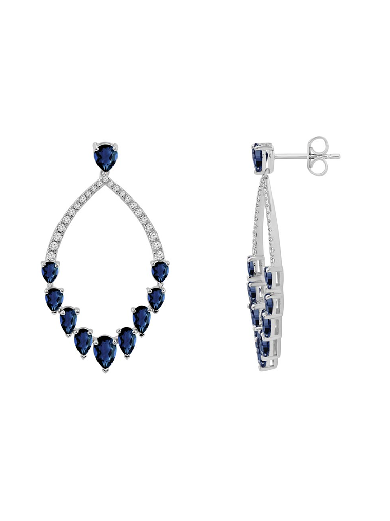 Aros Largos Grandes Zafiros Azules y Diamantes en Oro Blanco 18K 3