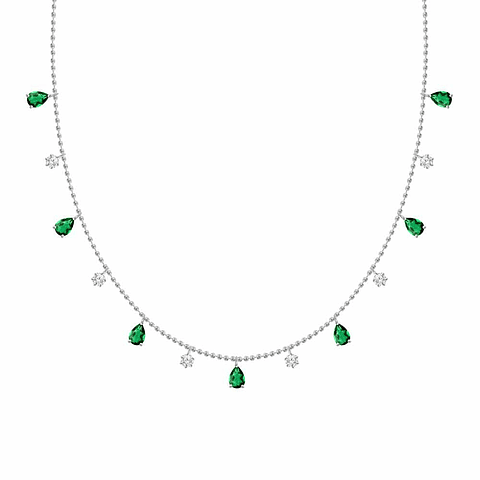 Collar Bolitas con Esmeralda y Diamantes Colgantes Oro Blanco 18K