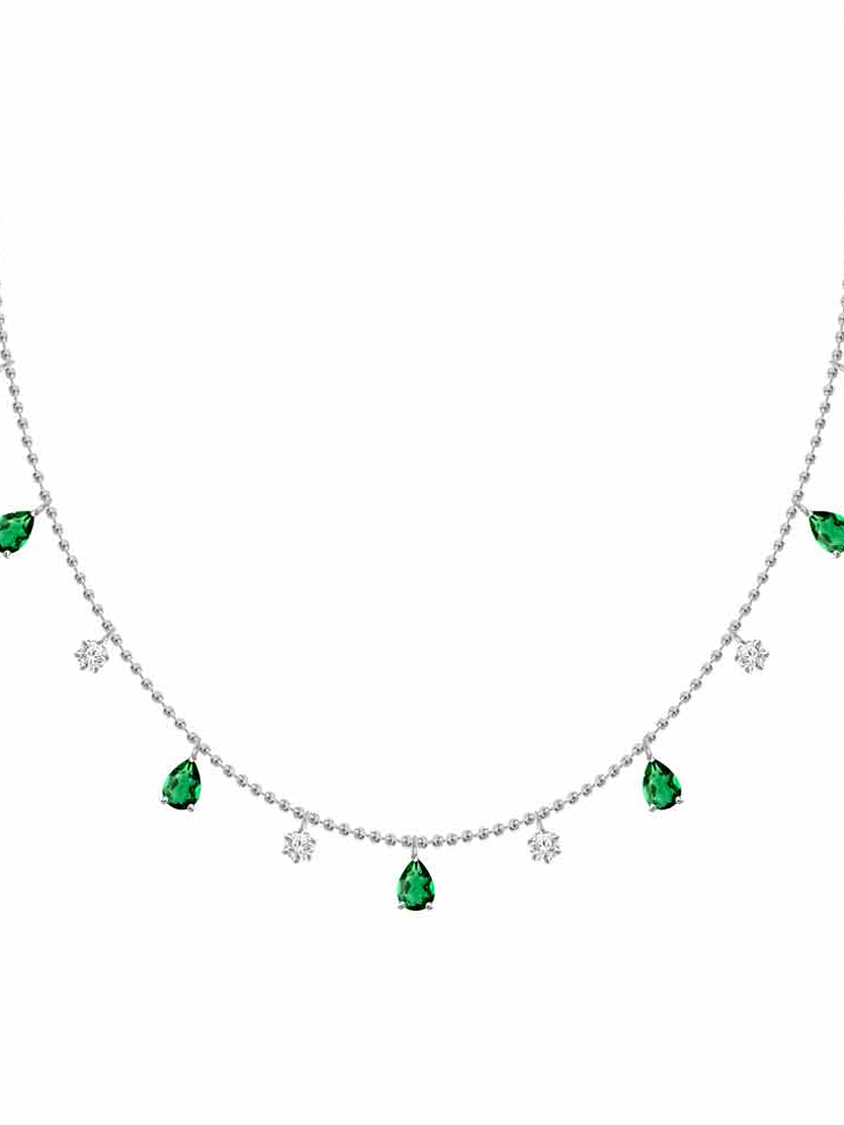 Collar Bolitas con Esmeralda y Diamantes Colgantes Oro Blanco 18K 1