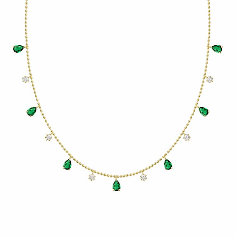 Collar Bolitas con Esmeralda y Diamantes Colgantes Oro Amarillo 18K
