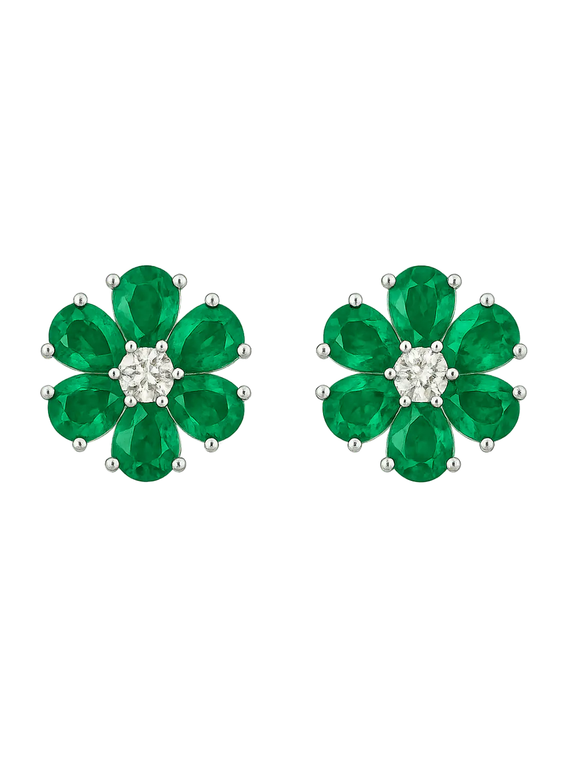 Maravillosos Aros Flor Esmeraldas y Diamantes en Oro Blanco 18K 1