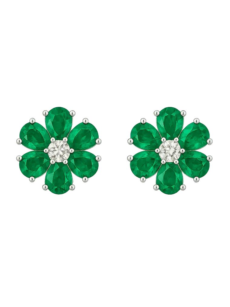 Maravillosos Aros Flor Esmeraldas y Diamantes en Oro Blanco 18K 1