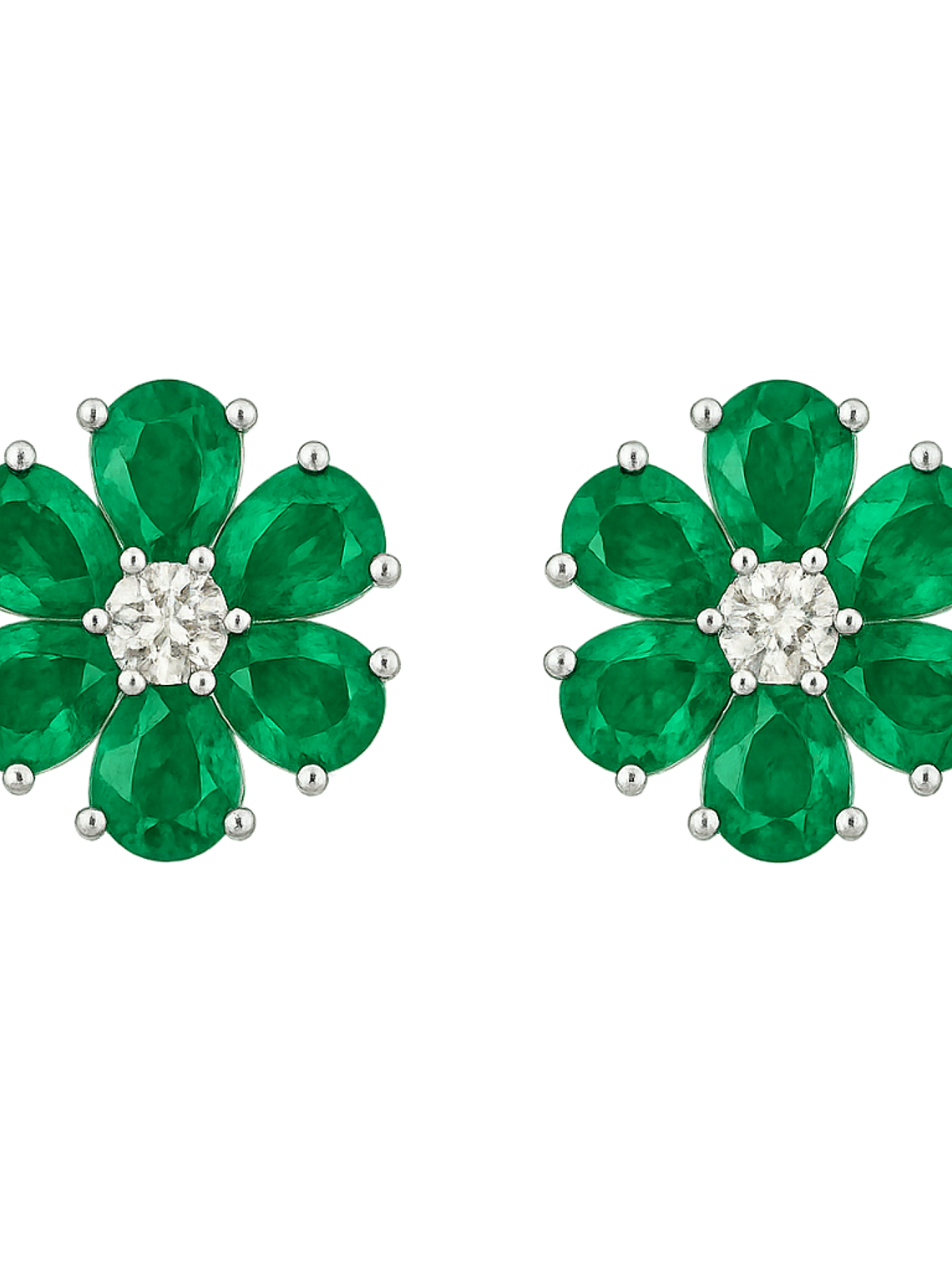 Maravillosos Aros Flor Esmeraldas y Diamantes en Oro Blanco 18K 1