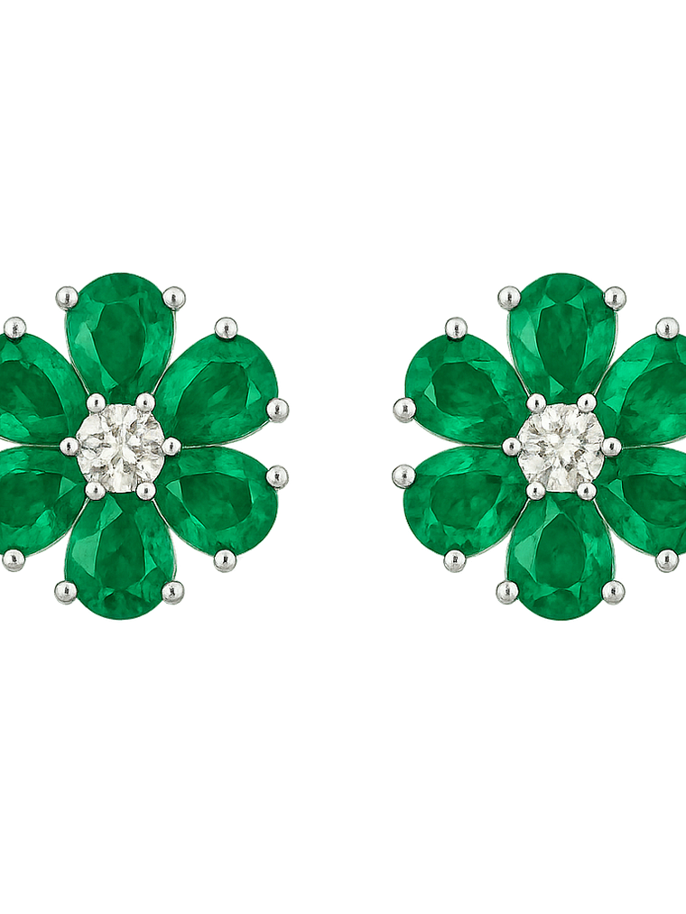 Maravillosos Aros Flor Esmeraldas y Diamantes en Oro Blanco 18K 1