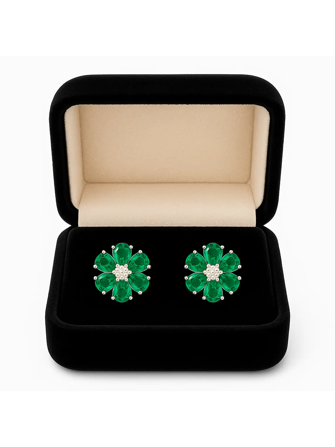 Maravillosos Aros Flor Esmeraldas y Diamantes en Oro Blanco 18K 2