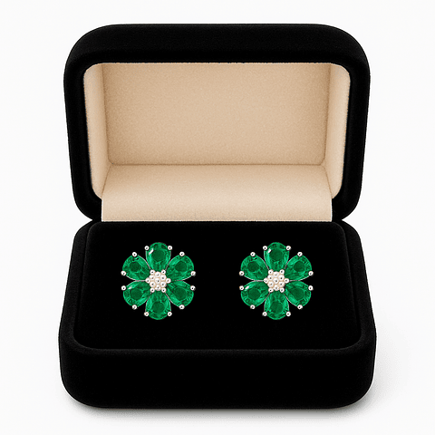 Maravillosos Aros Flor Esmeraldas y Diamantes en Oro Blanco 18K