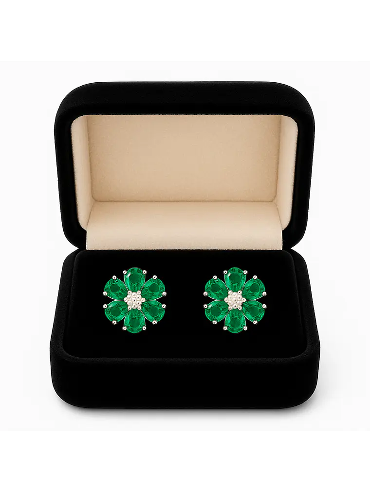 Maravillosos Aros Flor Esmeraldas y Diamantes en Oro Blanco 18K 2