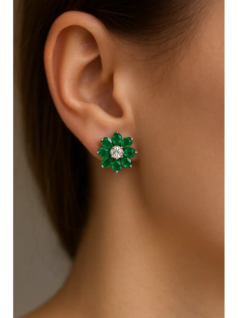 Maravillosos Aros Flor Esmeraldas y Diamantes en Oro Blanco 18K 4