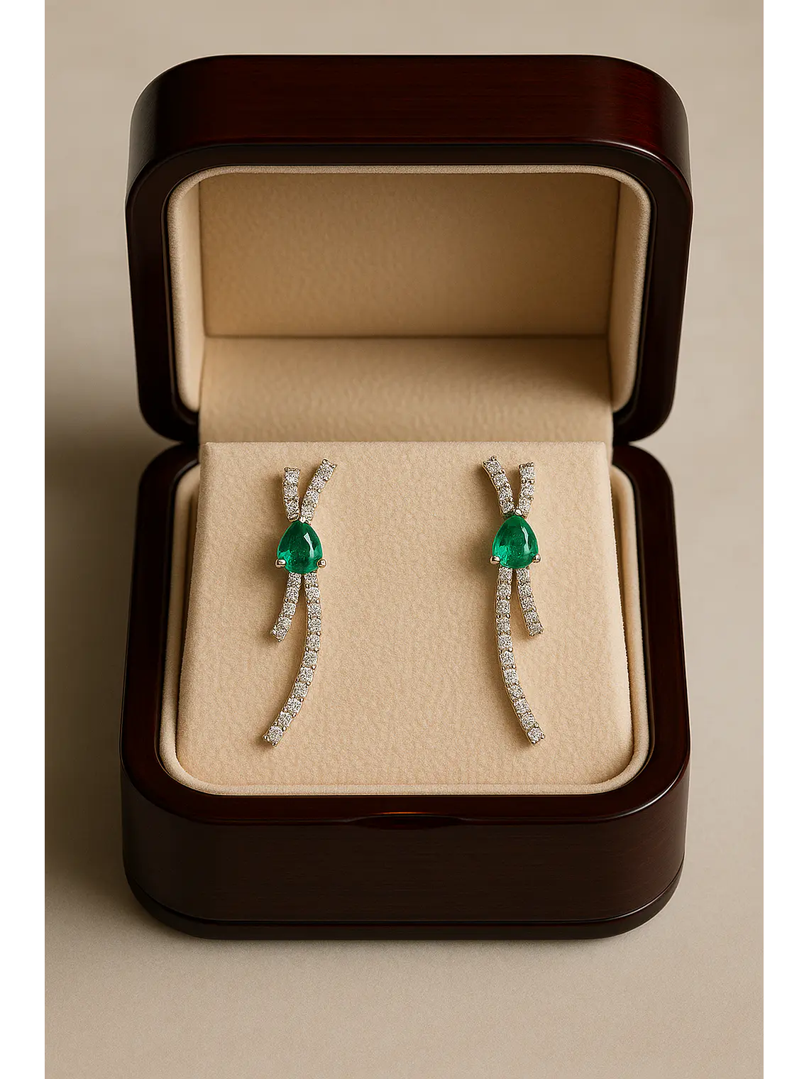 Maravillosos Aros Lazo Esmeraldas y Diamantes en Oro Blanco 18K 3