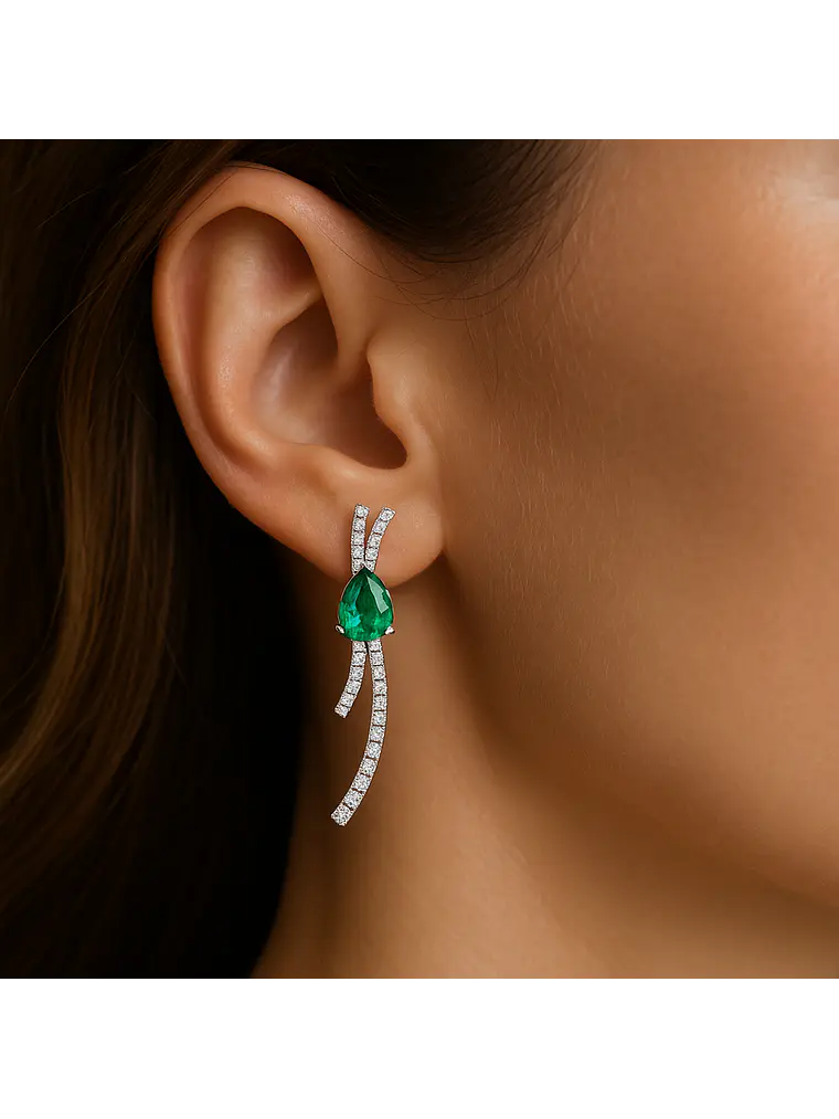 Maravillosos Aros Lazo Esmeraldas y Diamantes en Oro Blanco 18K 4