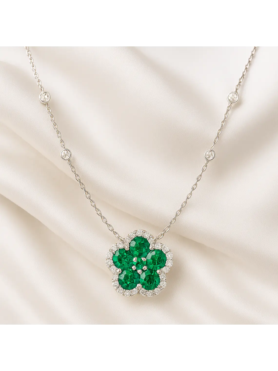 Collar Flor Esmeraldas y Diamante en Oro Blanco 18K 1