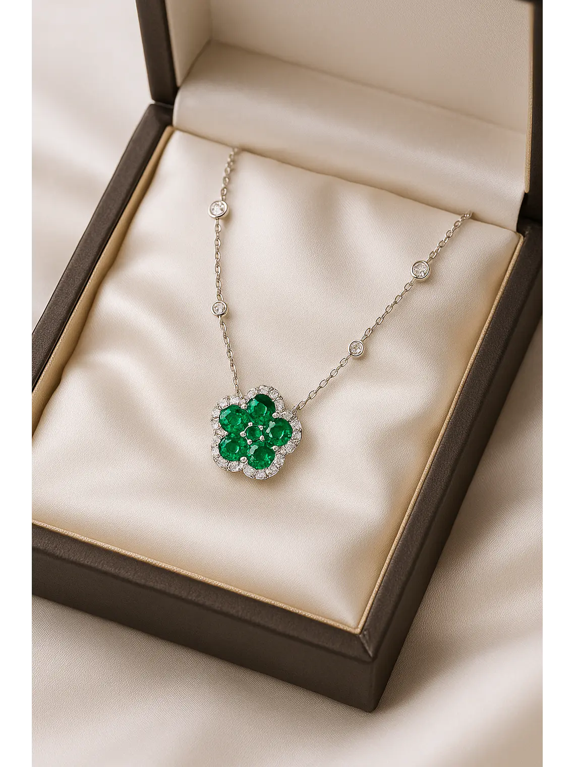 Collar Flor Esmeraldas y Diamante en Oro Blanco 18K 2
