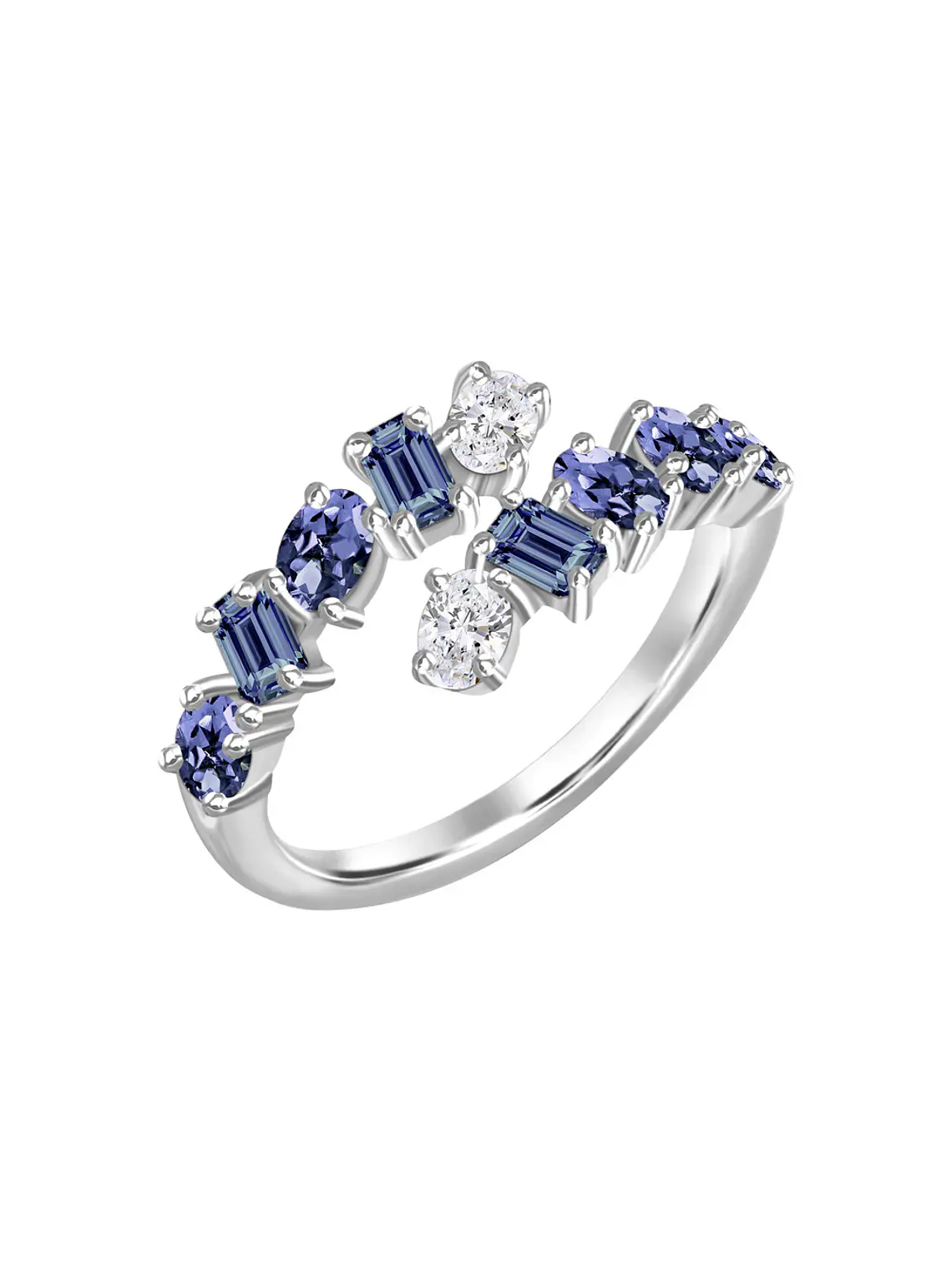 Anillo Moderno Zafiros Azules Multiforma y Diamantes en Oro Blanco 18K 1