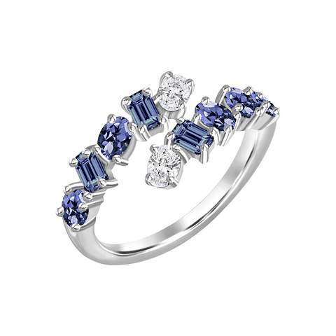 Anillo Moderno Zafiros Azules Multiforma y Diamantes en Oro Blanco 18K