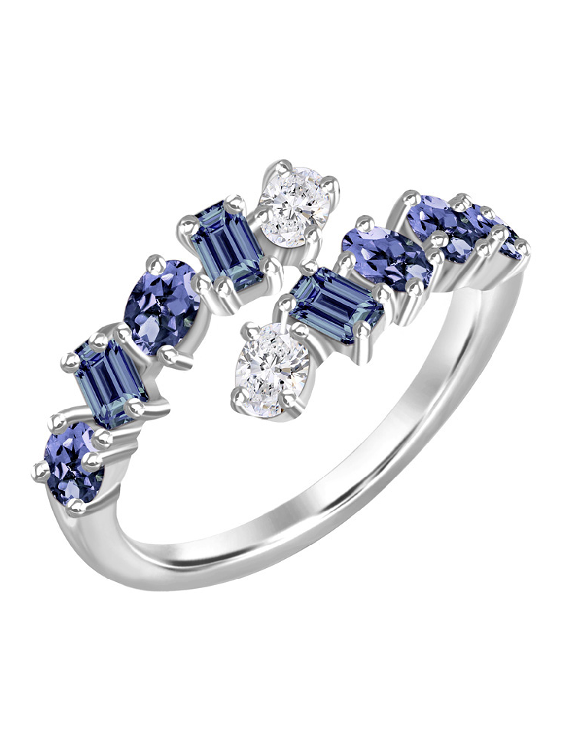 Anillo Moderno Zafiros Azules Multiforma y Diamantes en Oro Blanco 18K 1