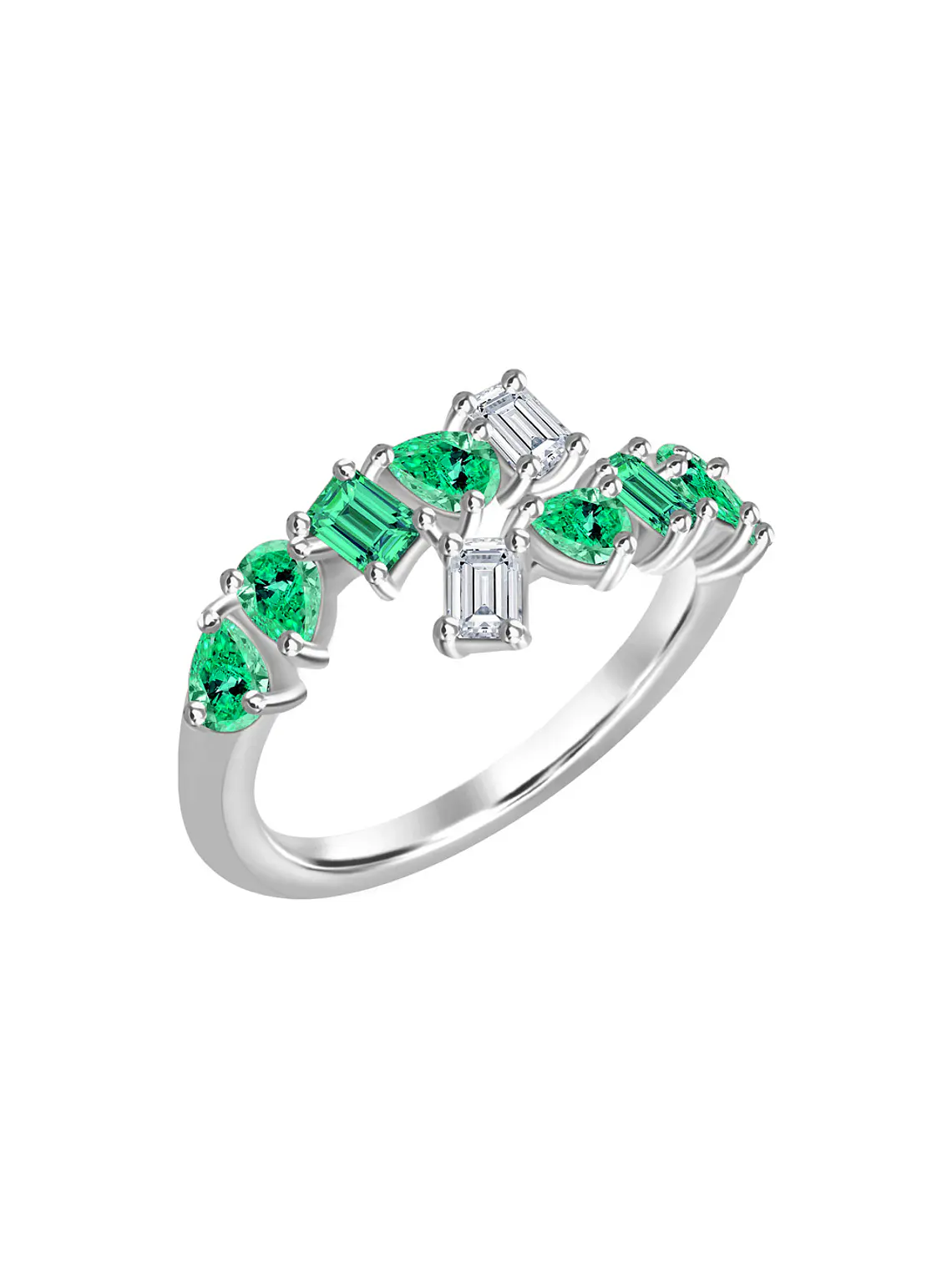 Anillo Moderno Esmeraldas Multiforma y Diamantes en Oro Blanco 18K 1