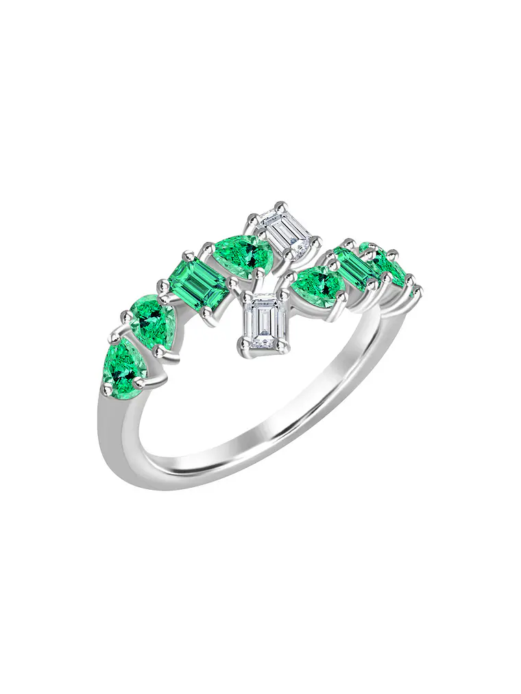 Anillo Moderno Esmeraldas Multiforma y Diamantes en Oro Blanco 18K 1