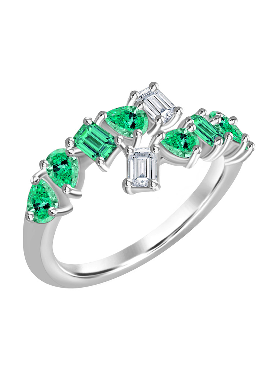 Anillo Moderno Esmeraldas Multiforma y Diamantes en Oro Blanco 18K 1