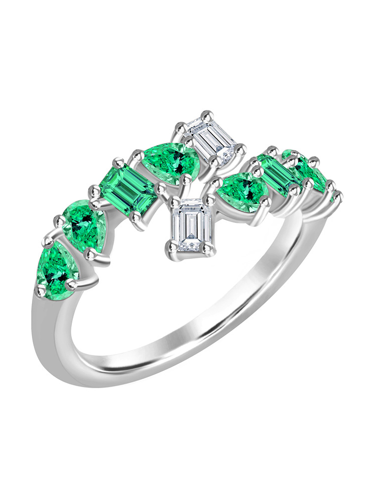 Anillo Moderno Esmeraldas Multiforma y Diamantes en Oro Blanco 18K 1