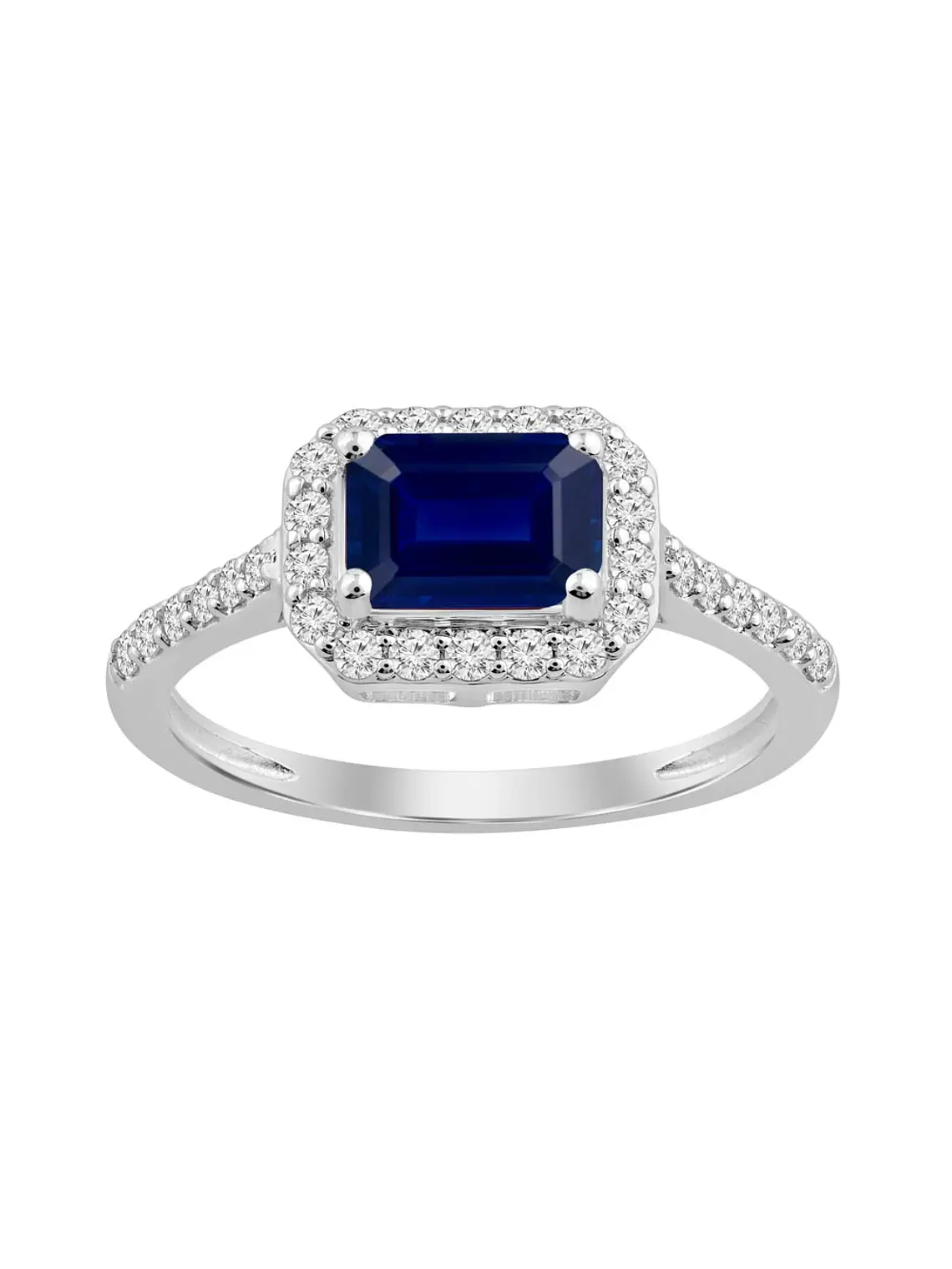 Moderno Anillo Solitario Zafiro Azul Halo de Diamantes Oro Blanco 18K 1