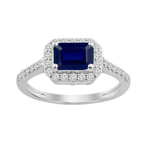 Moderno Anillo Solitario Zafiro Azul Halo de Diamantes Oro Blanco 18K