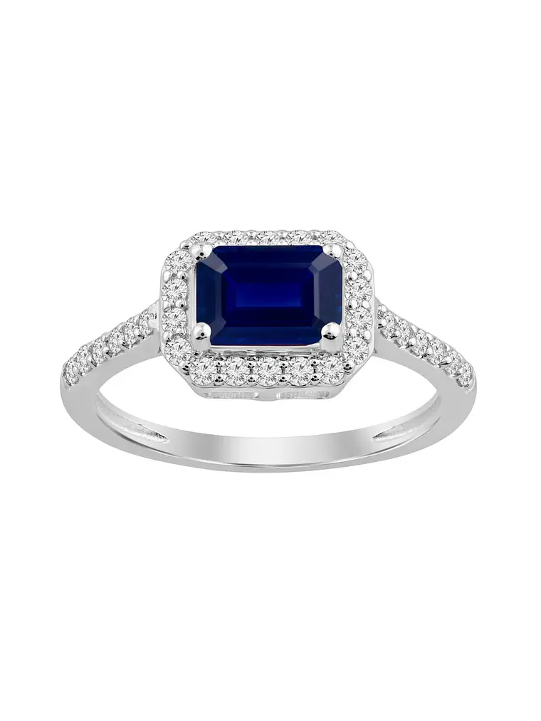 Moderno Anillo Solitario Zafiro Azul Halo de Diamantes Oro Blanco 18K 1
