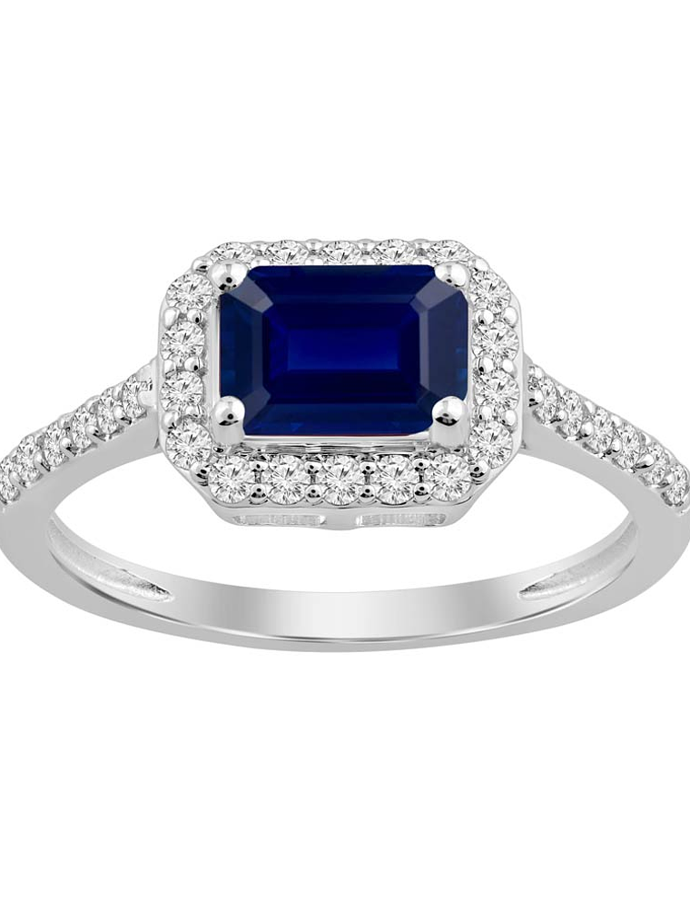 Moderno Anillo Solitario Zafiro Azul Halo de Diamantes Oro Blanco 18K 1