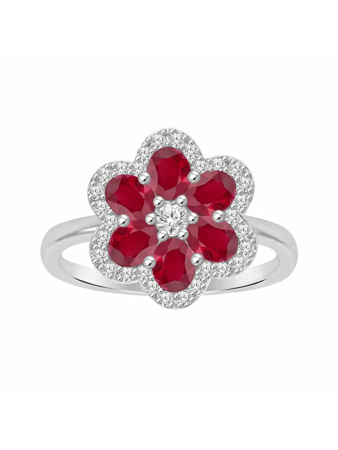 Anillo Solitario Flor de Rubí Diamantes en Oro Blanco 18K 1