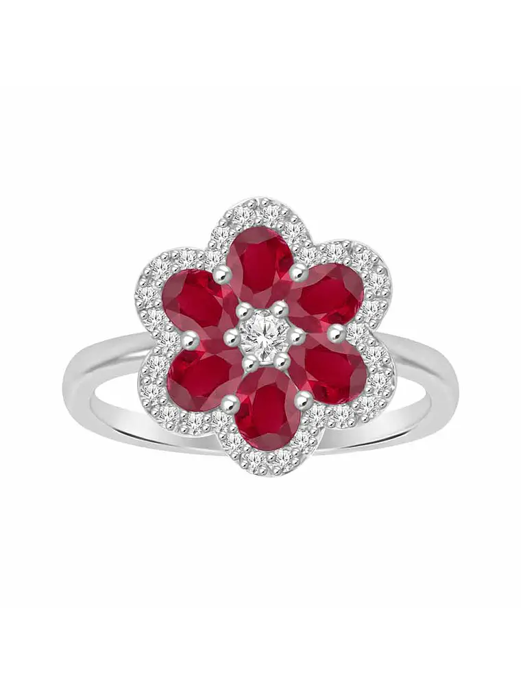 Anillo Solitario Flor de Rubí Diamantes en Oro Blanco 18K 1