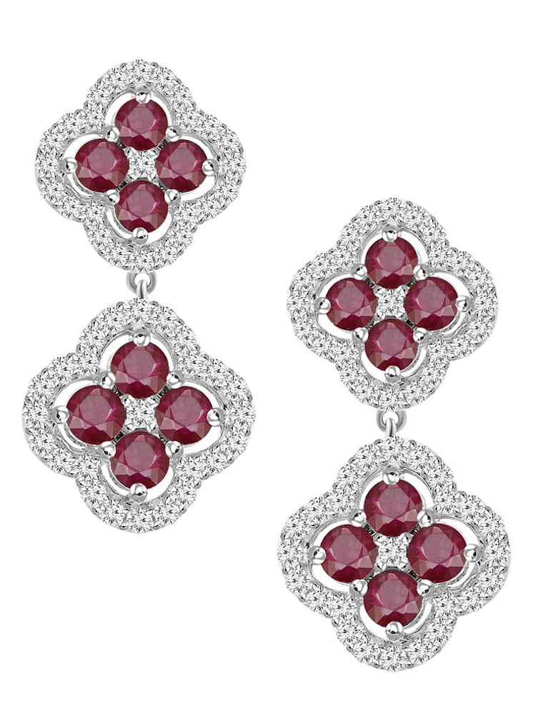 Aros Doble Trébol Rubíes y Diamantes Oro Blanco 18K 1