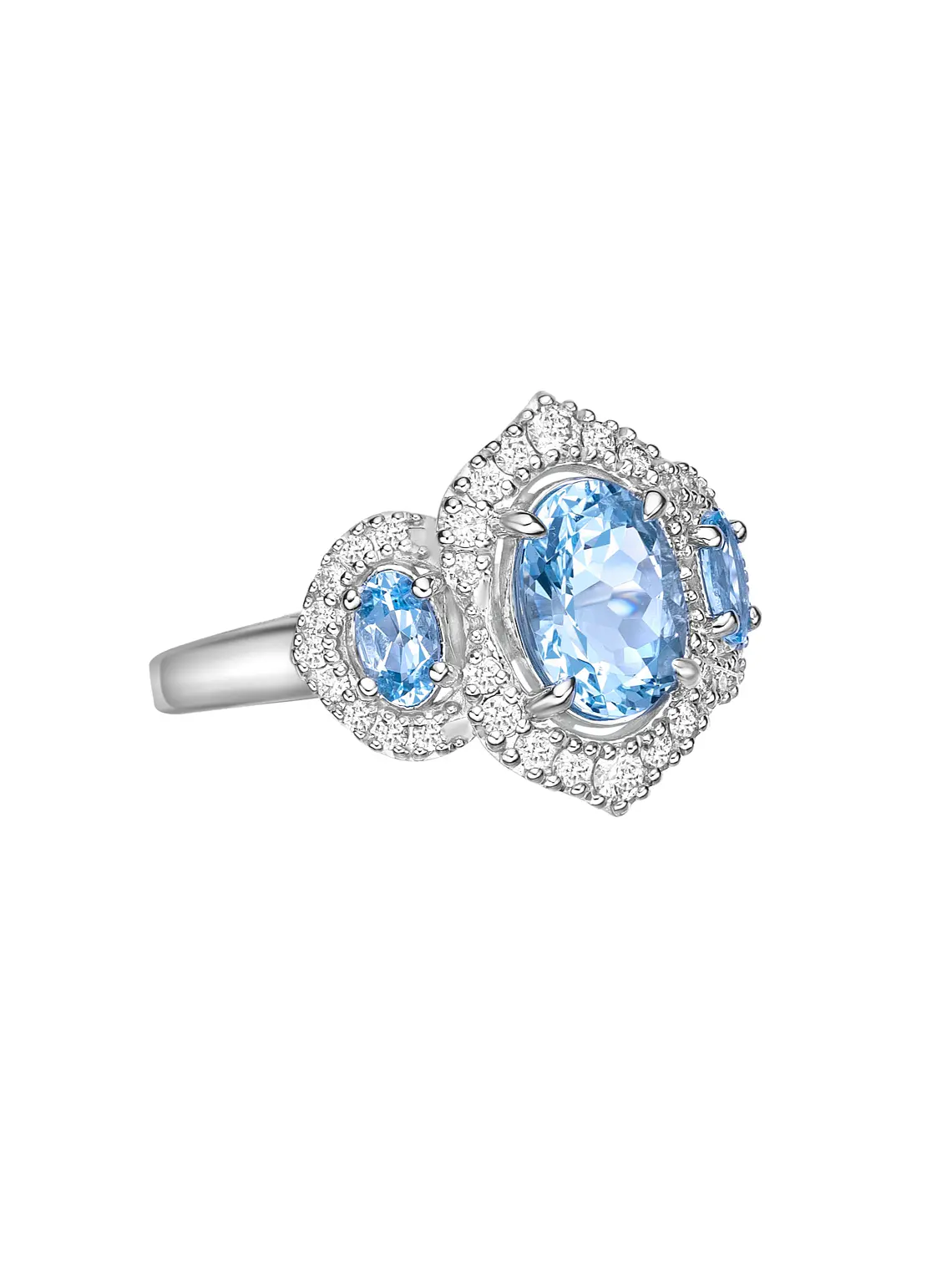 Gran Maxi Anillo Aguamarinas y Diamantes en Oro Blanco 18K 3