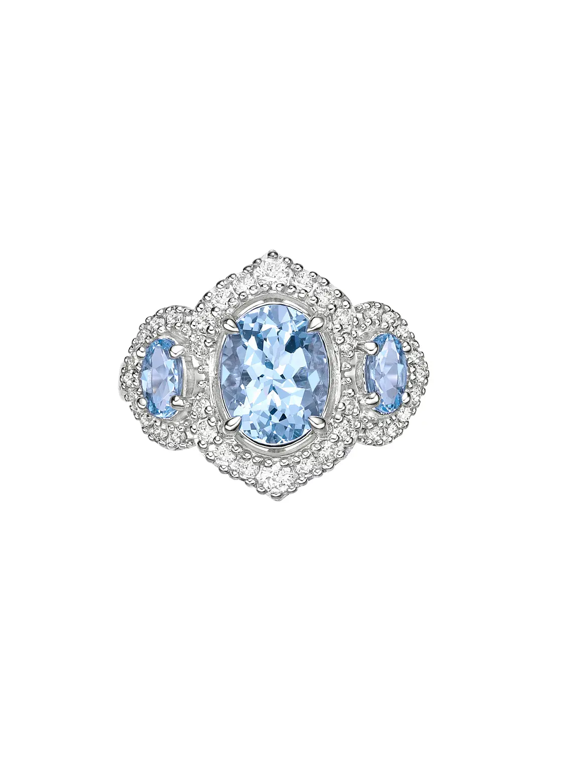 Gran Maxi Anillo Aguamarinas y Diamantes en Oro Blanco 18K 2
