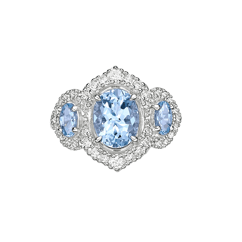 Gran Maxi Anillo Aguamarinas y Diamantes en Oro Blanco 18K