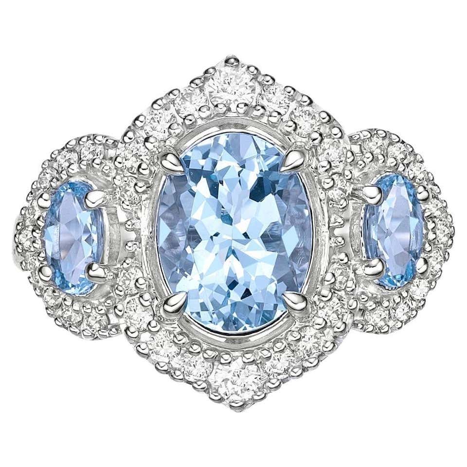 Gran Maxi Anillo Aguamarinas y Diamantes en Oro Blanco 18K