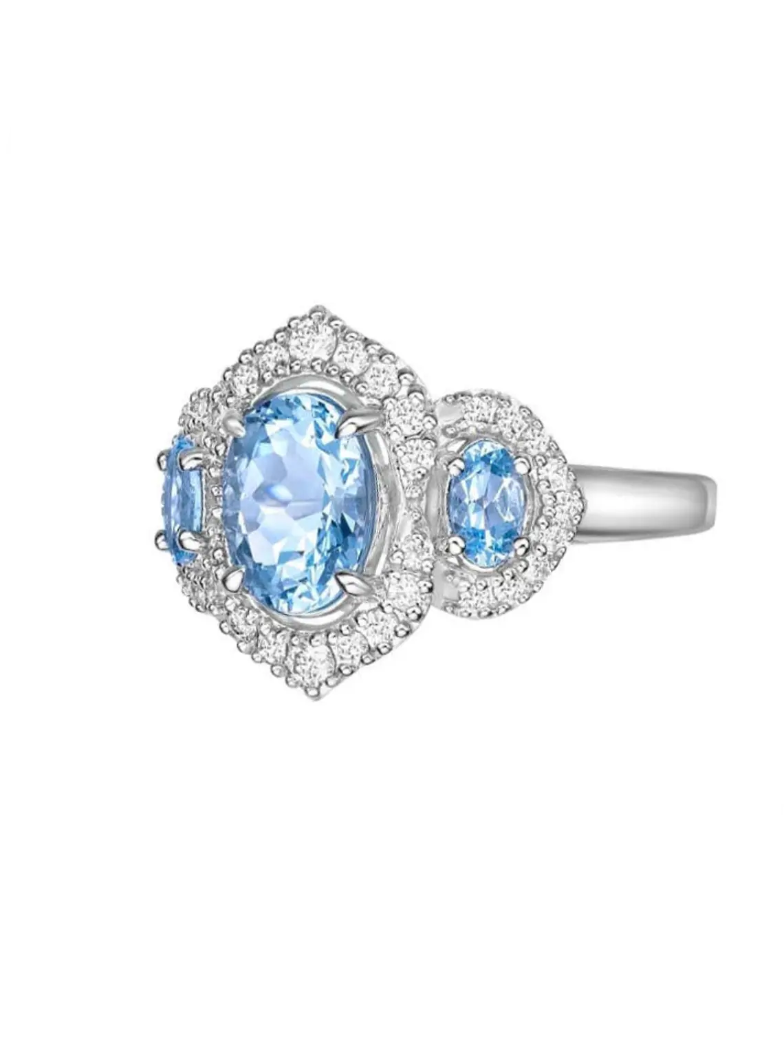 Gran Maxi Anillo Aguamarinas y Diamantes en Oro Blanco 18K 5