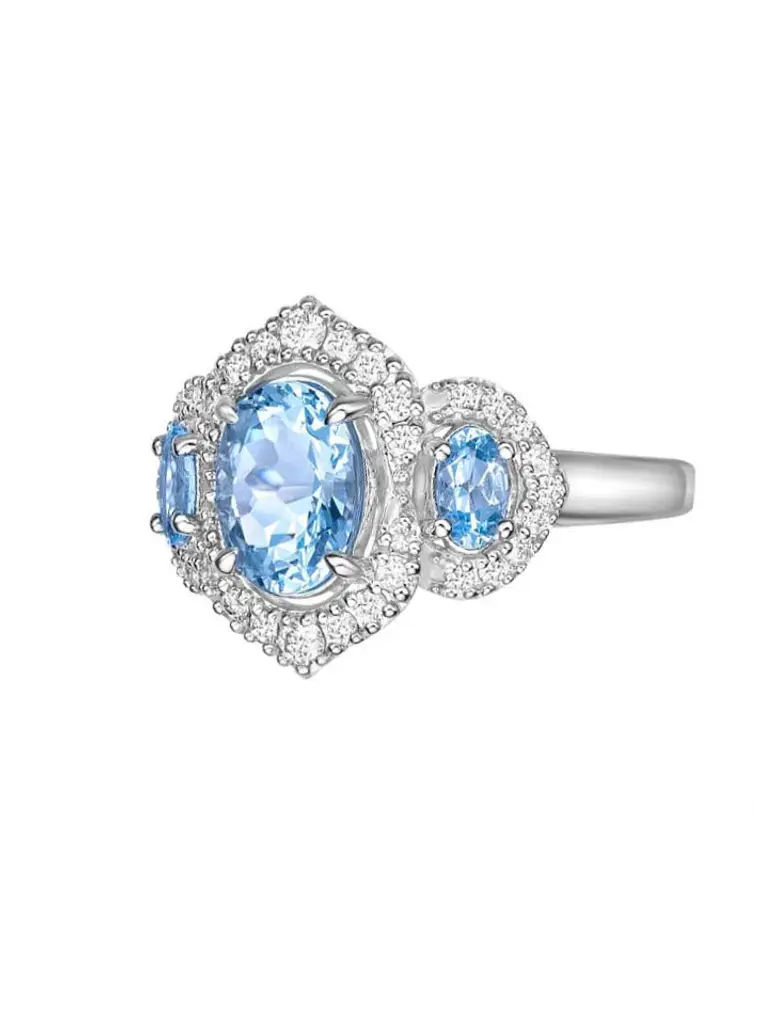 Gran Maxi Anillo Aguamarinas y Diamantes en Oro Blanco 18K 5