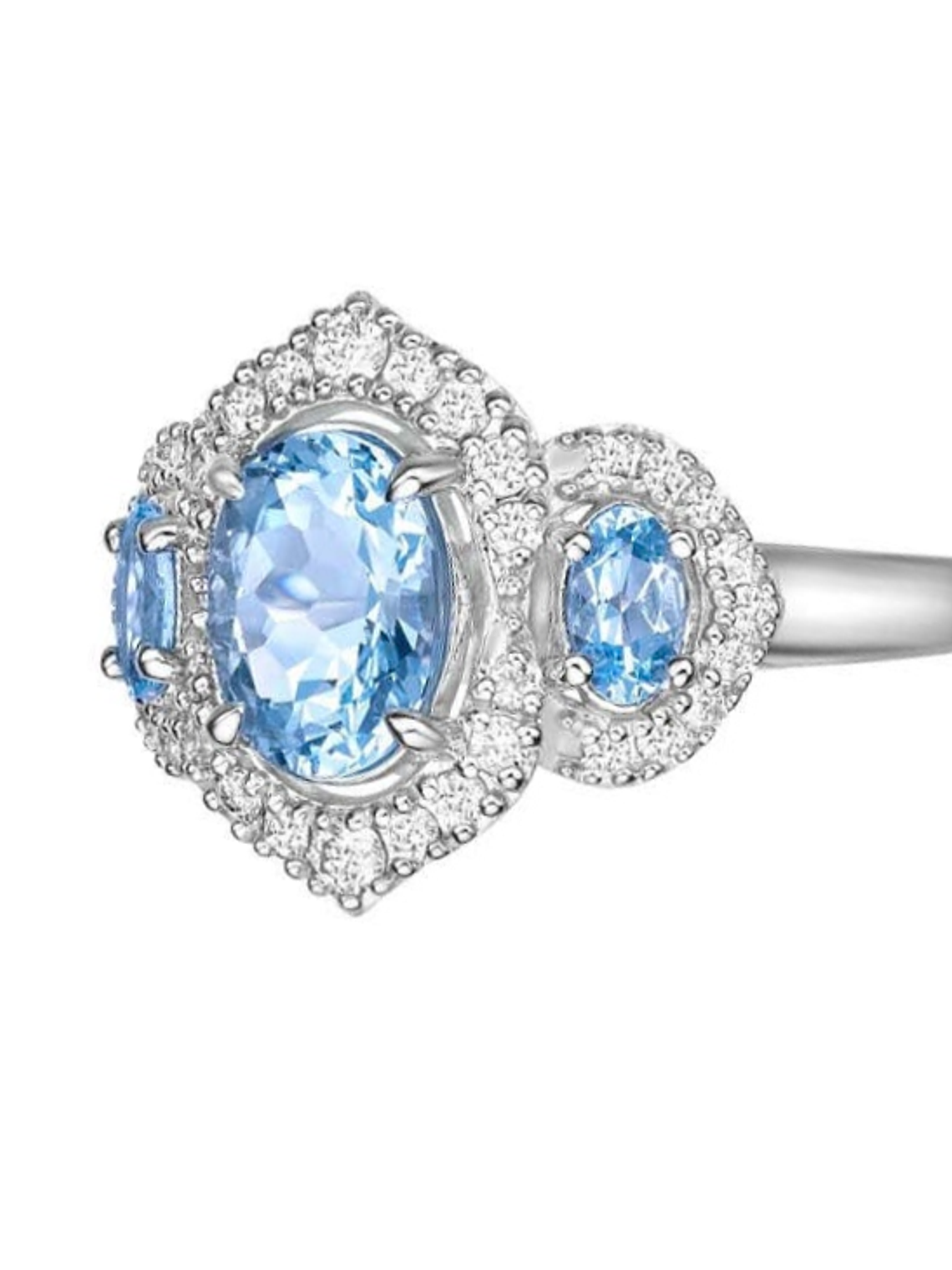 Gran Maxi Anillo Aguamarinas y Diamantes en Oro Blanco 18K 5