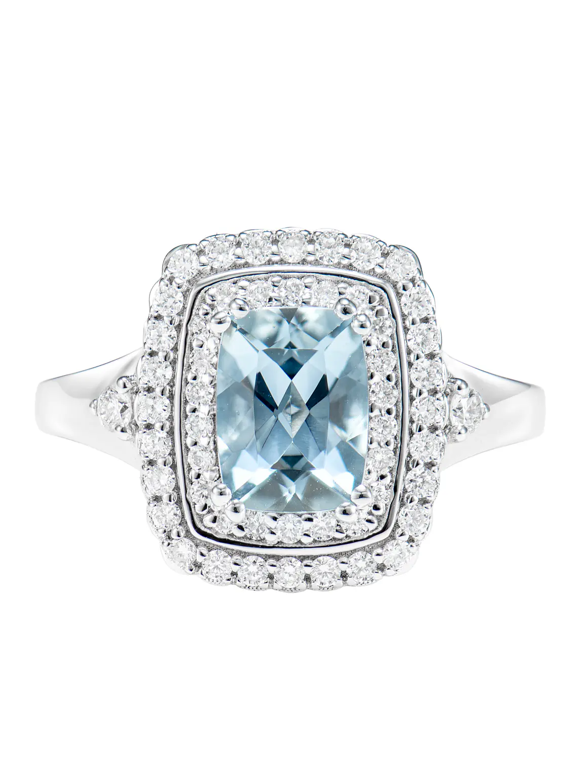 Maxi Anillo Aguamarina Doble Halo de Diamantes en Oro Blanco 18K 1